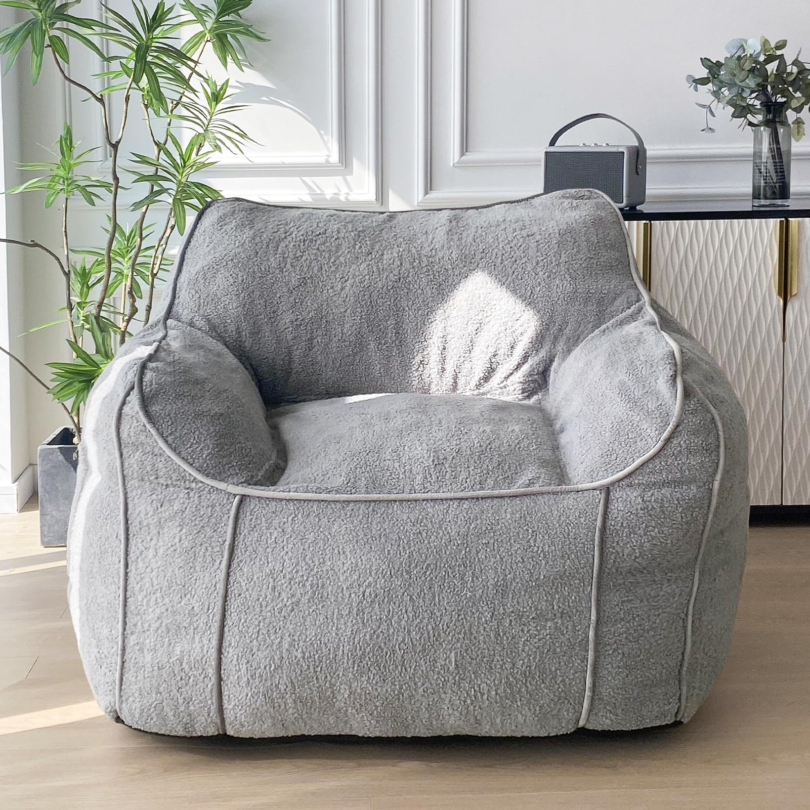 MAXYOYO Giant Bean Bag Chair for Adults, Large Fluffy Bean Bag Couch for Living Room with Decorative Edges, Grey