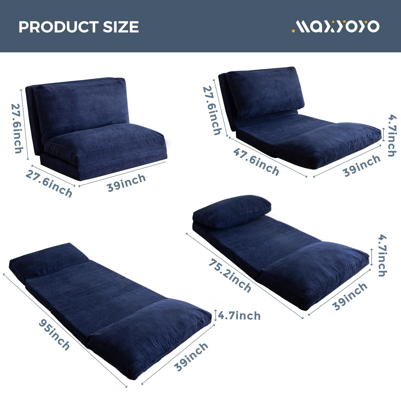 MAXYOYO Bean Bag Folding Sofa Bed with Corduroy Washable Cover, Extra Thick and Long Floor Sofa for Adults, Navy