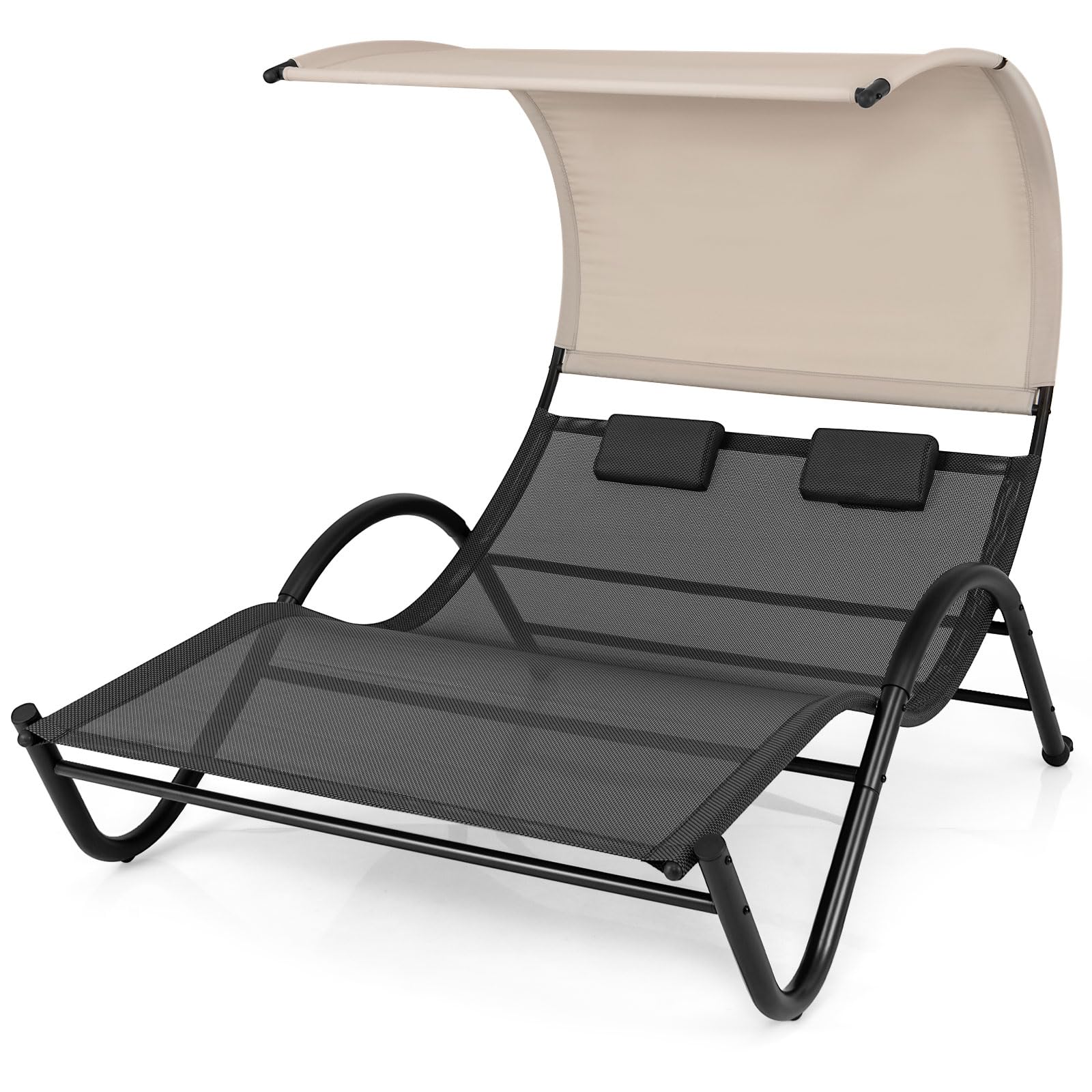 Tangkula 2 Person Lounge Chair with Adjustable Canopy, Outdoor Chaise Lounge with 2 Detachable Pillows