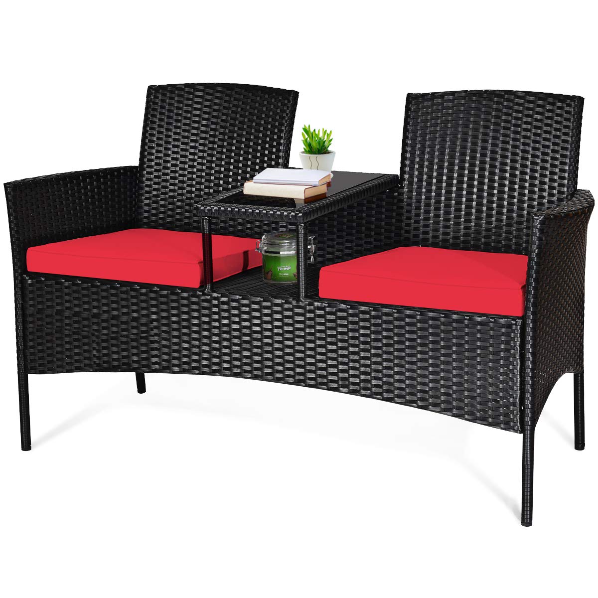 Wicker Patio Conversation Furniture Set, Outdoor Furniture Set with Removable Cushions & Table