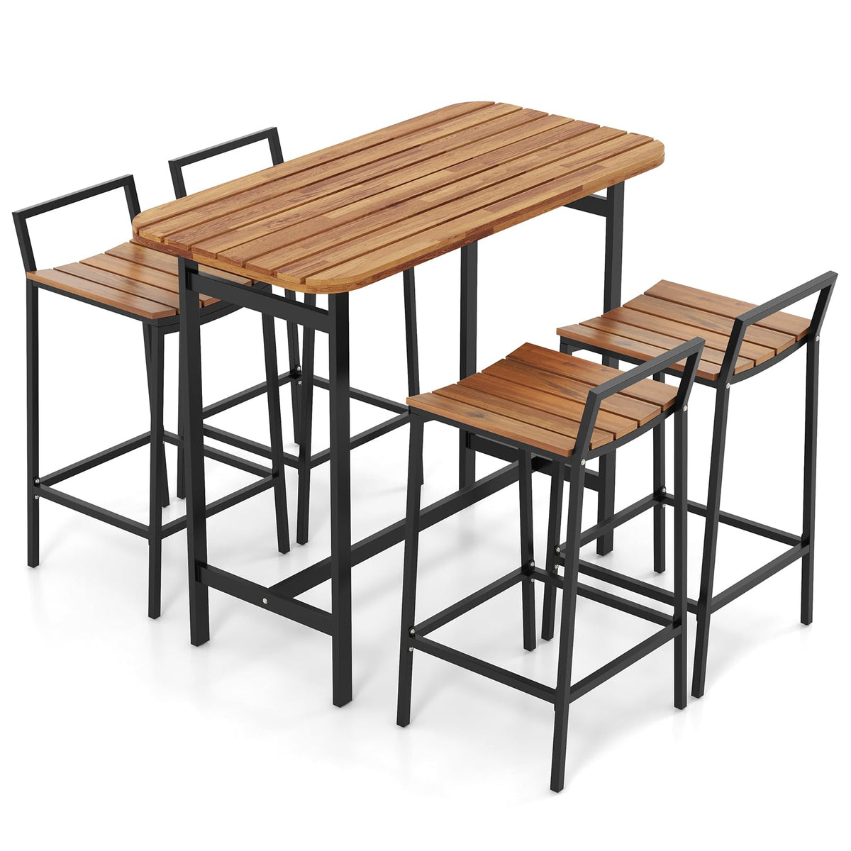 Tangkula 5 Piece Acacia Wood Bar Table Set, Outdoor Bar Height Table & Chairs with Metal Frame & Footrest