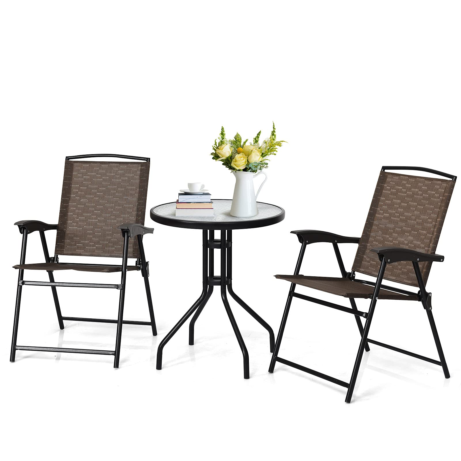 Tangkula 3 Pieces Patio Bistro Set, Outdoor Folding Chairs & Table Set