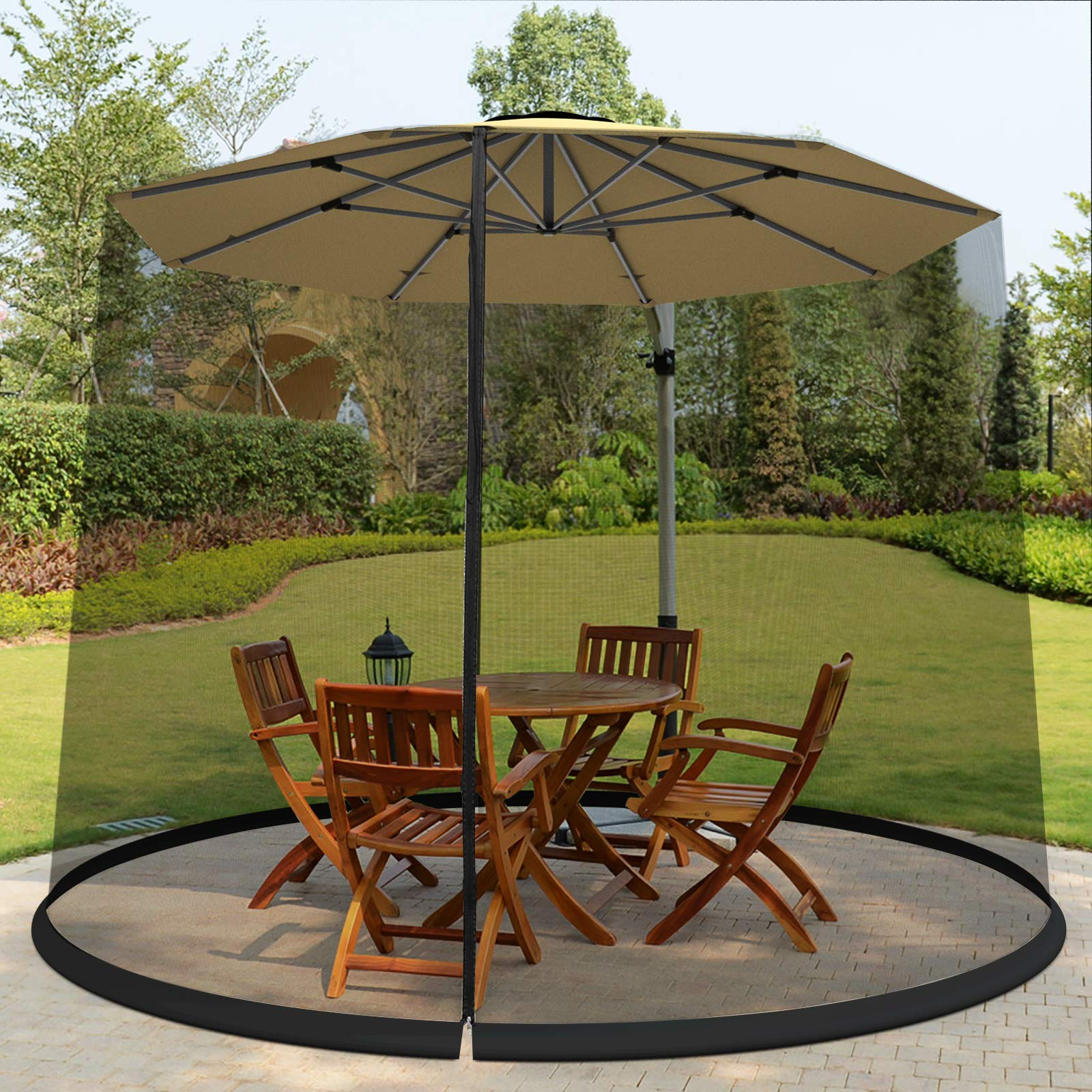 TANGKULA 9/10FT Patio Umbrella Screen, with Zipper Door and Polyester Mesh Netting