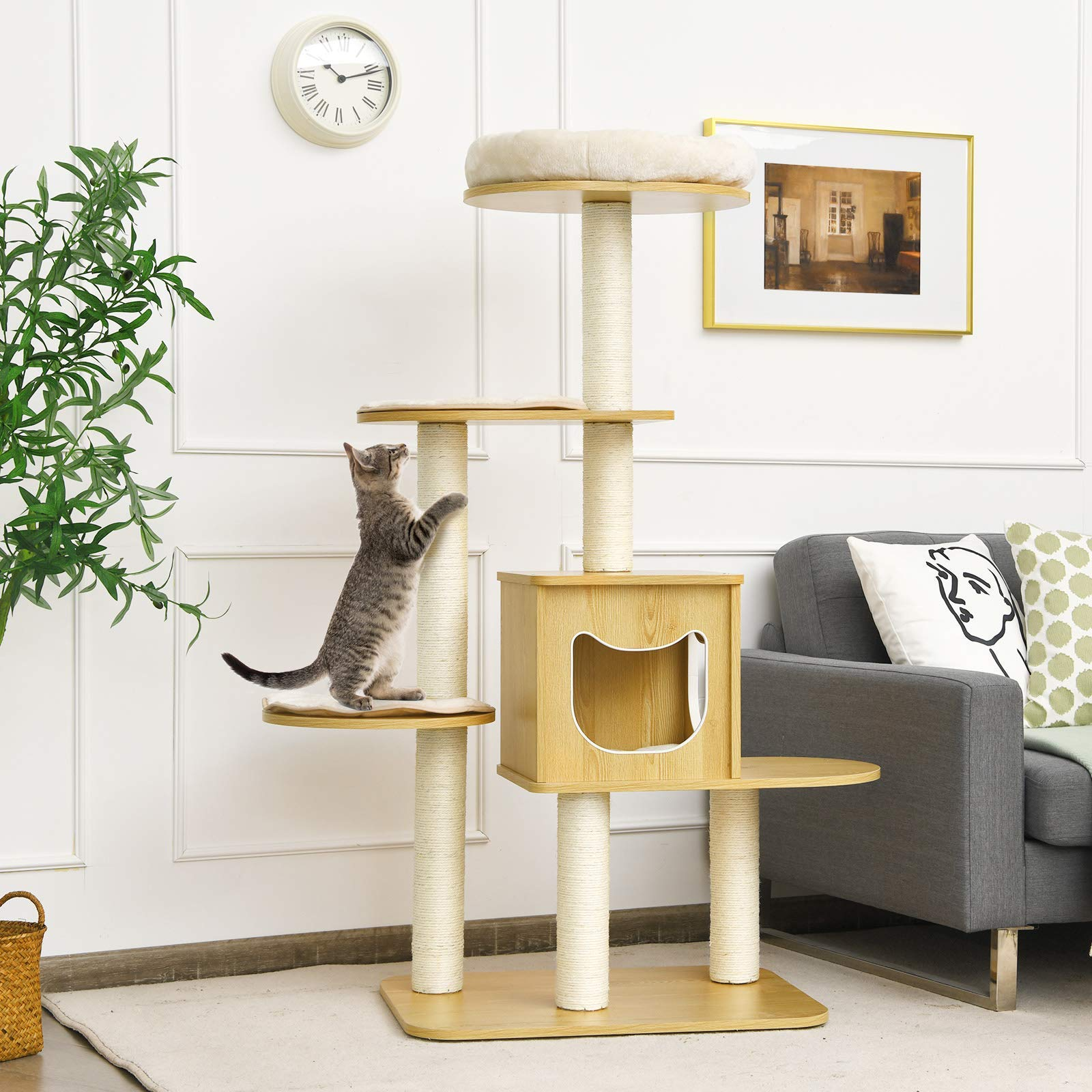 Tangkula Modern Wood Cat Tree, 53 Inches Cat Tower with Platform