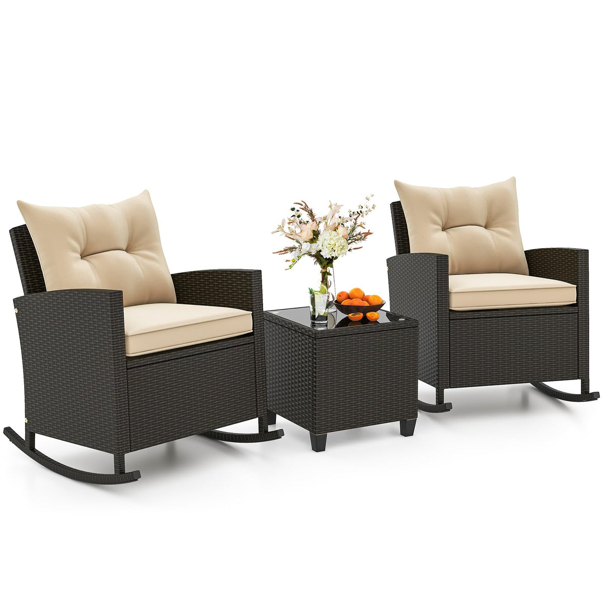 Tangkula 3 Piece Wicker Rocking Set, Patio Rattan Roker Chairs with Tempered Glass Table & Soft Cushions