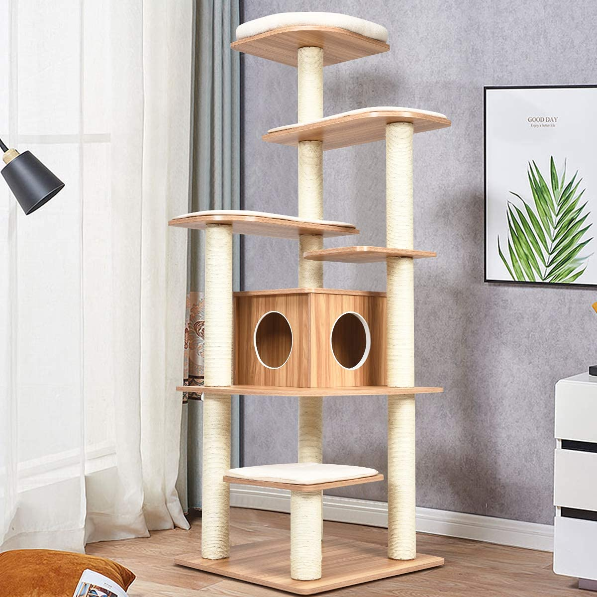 Tangkula Modern Wood Cat Tree, 69-Inch Cat Tower with Multi-Layer Platform, Cat Activity Tree with Sisal Rope Scratching Posts