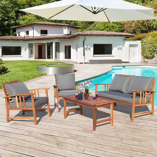 Tangkula 4 PCS Acacia Wood Patio Furniture Set, Outdoor Seating Chat Set with Gray Cushions & Back Pillow