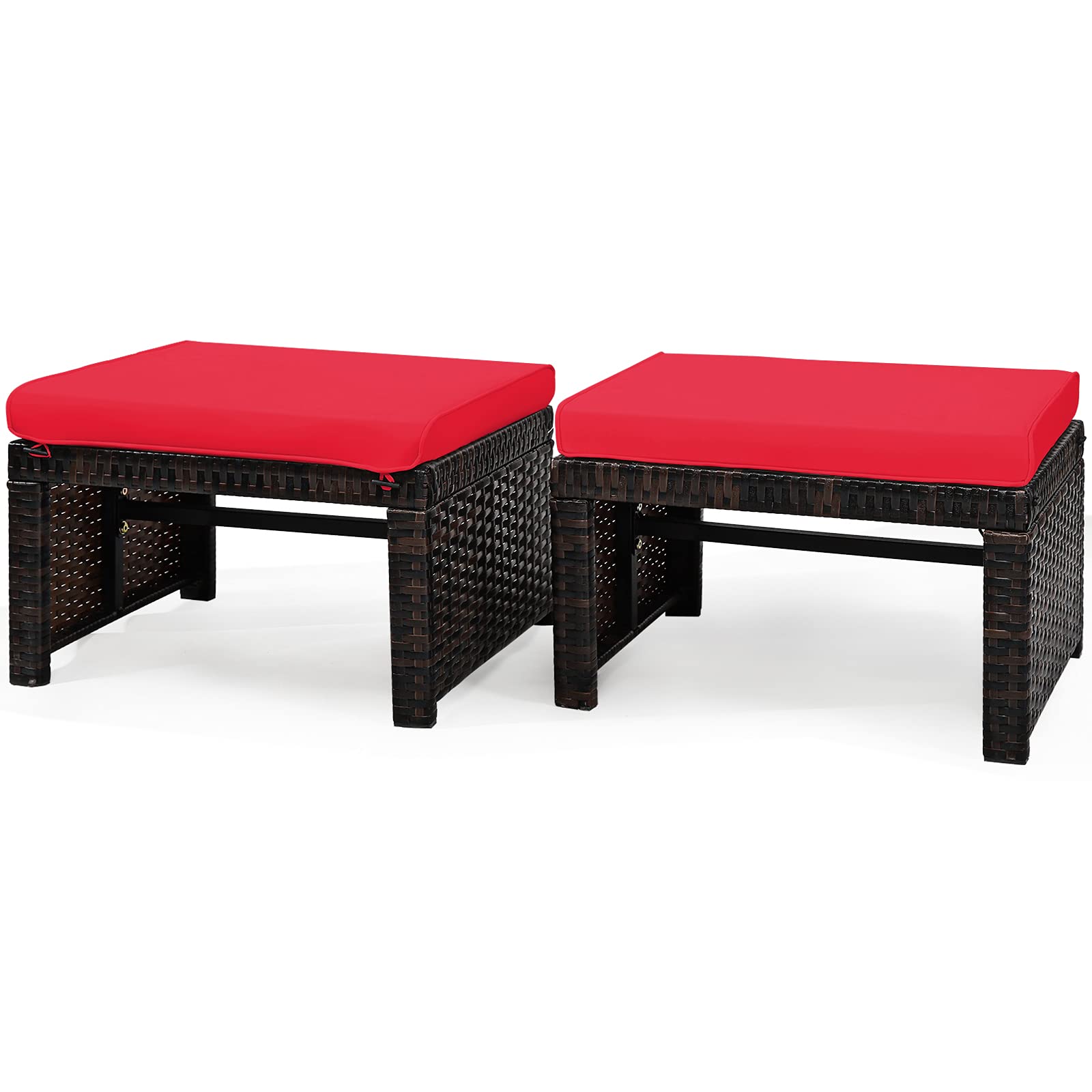 2 Pieces Patio Rattan Ottomans, All Weather Outdoor Footstool Footrest Seat with Soft Cushion