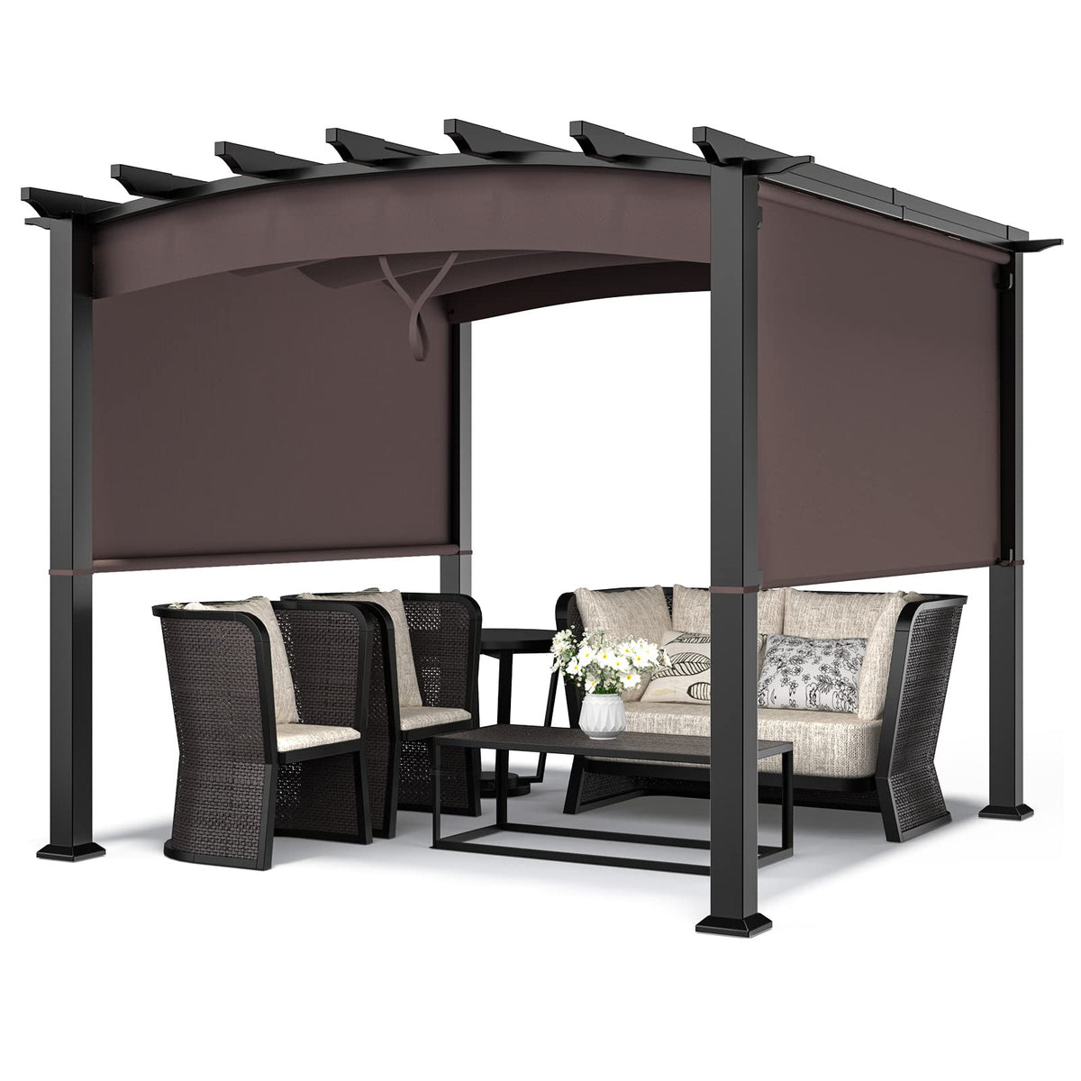 10ft x 10ft Outdoor Retractable Pergola, Patio Metal Pergola with Adjustable Sliding Sun Shade Canopy