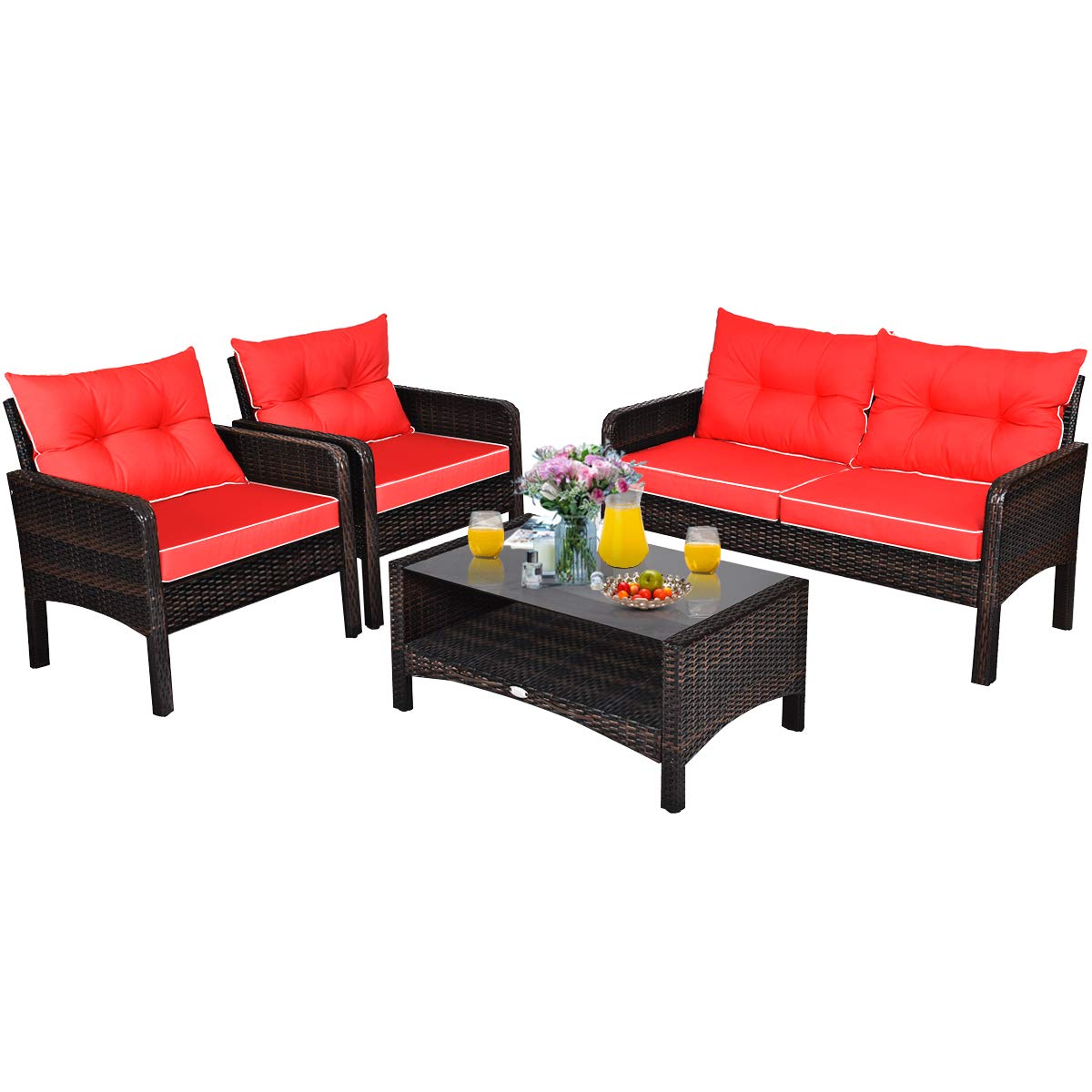 4 Piece Patio Furniture Set, Outdoor Wicker Conversation Set with Glass Top Coffee Table