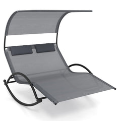 Tangkula 2 Person Lounge Chair with Adjustable Canopy, Outdoor Chaise Lounge with 2 Detachable Pillows (Gray)