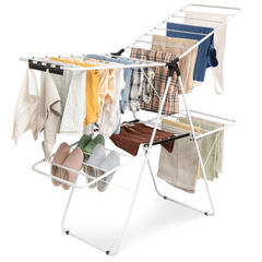 Tangkula 2-Level Clothes Drying Rack, Foldable Drying Hanger w/ Height-Adjustable Gullwing, Steel Frame