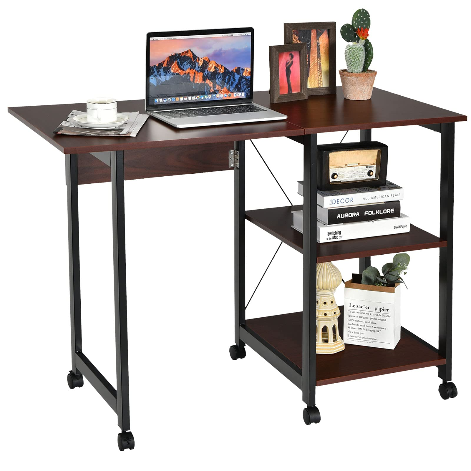 Tangkula Mobile Folding Computer Desk, Modern Writing Desk w/ 2-Tier Storage Shelves