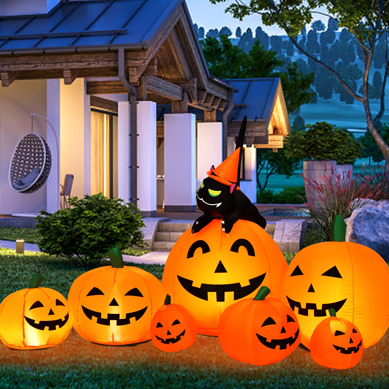 7.5 FT Halloween Inflatable Pumpkin Combo W/Witch Black Cat