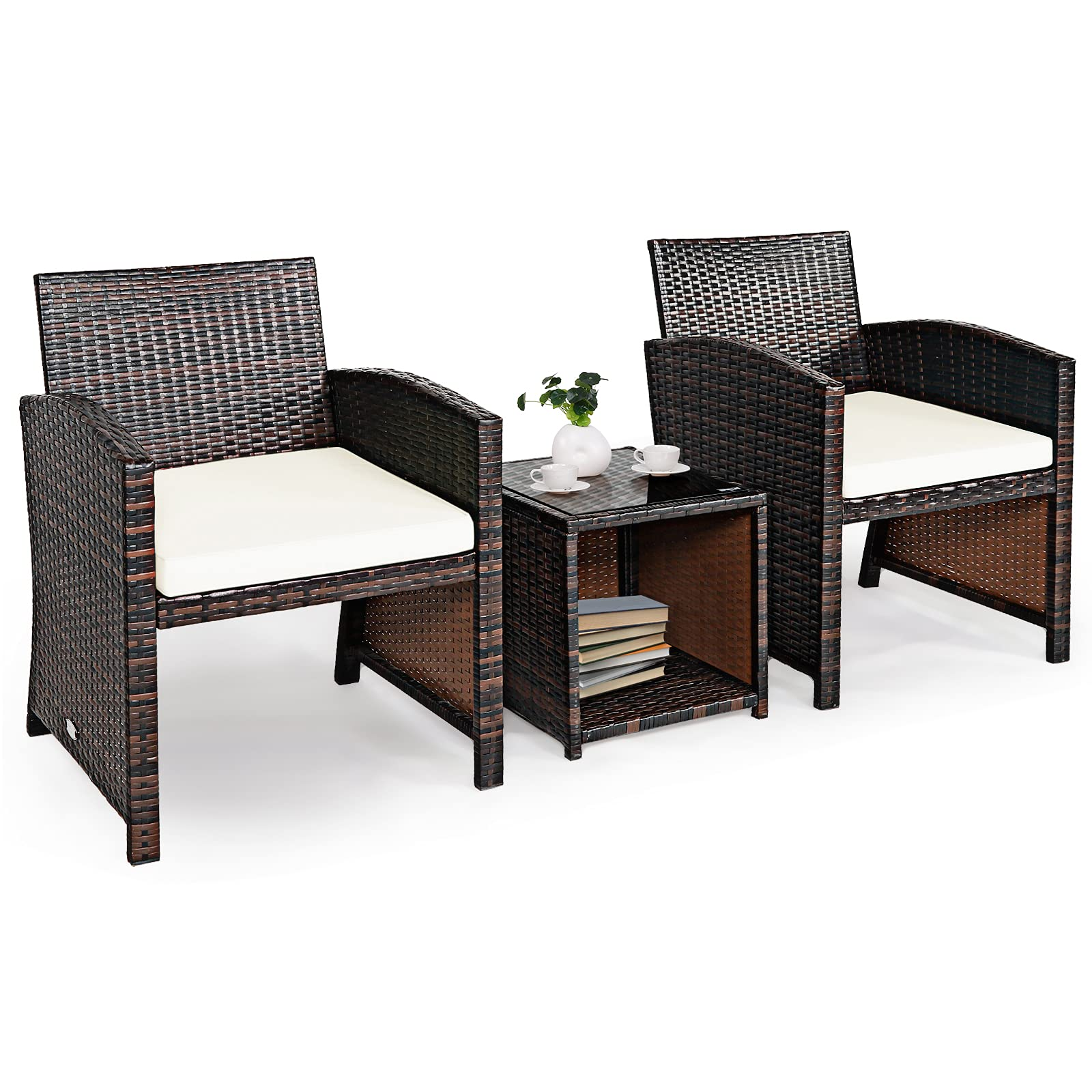 Tangkula 3-Piece Outdoor PE Rattan Furniture Set, Patio Conversation Set w/Chair & Storage Coffee Table