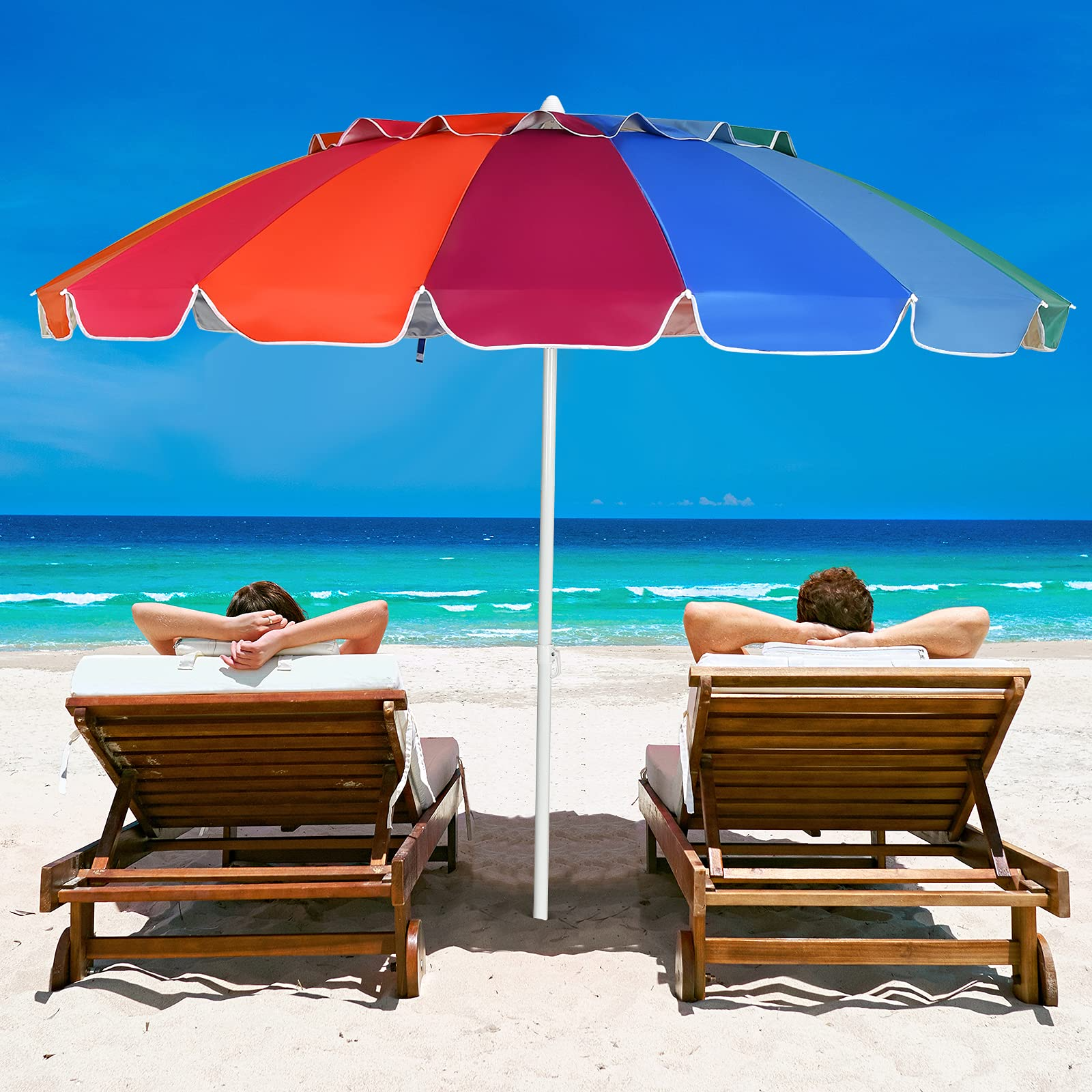 Tangkula 8FT Beach Umbrella, Portable Beach Umbrella W/Sand Anchor & Tilt Mechanism, 16 Sturdy Fiberglass Ribs