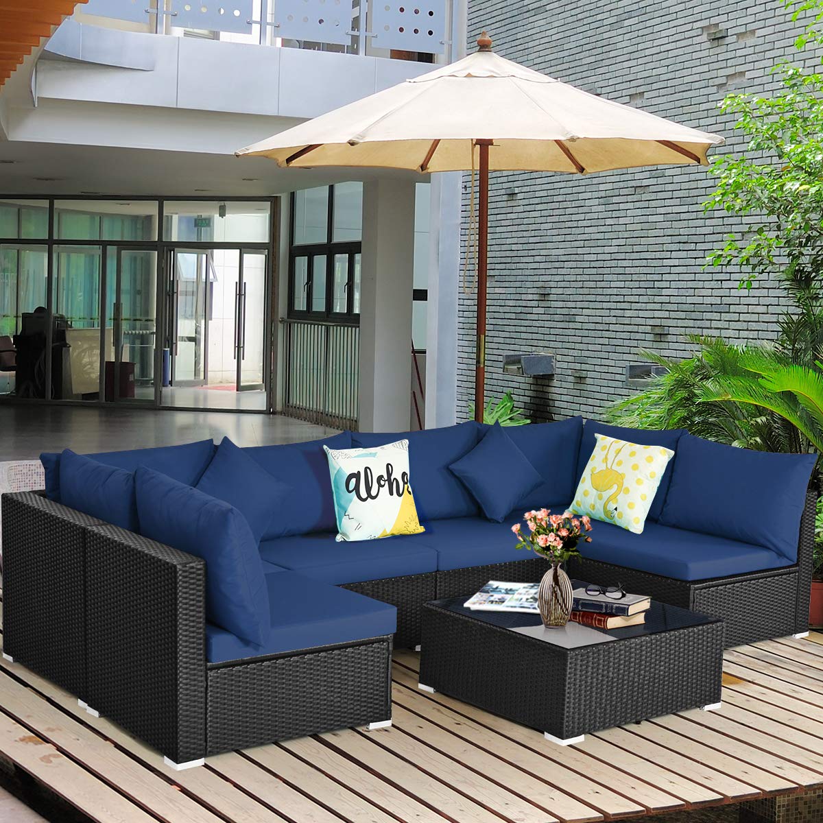 Tangkula 7 Piece Patio Furniture Set, Outdoor Sectional Sofa with 2 Pillows and Cushions