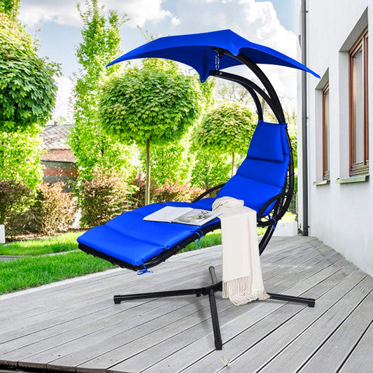 Hanging Chaise Lounge, Arc Stand Floating Hammock Swing Chair w/ Canopy and Built-in Pillow