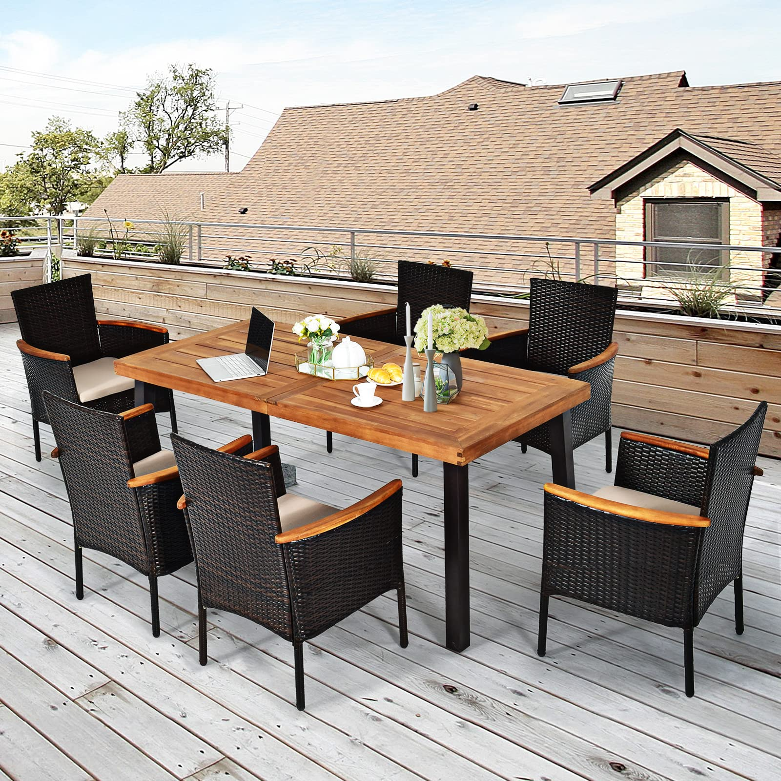 Tangkula 7 Pieces Patio Dining Set, Patiojoy Outdoor Conversation Set w/Acacia Wood Top Table & 6 Stackable Rattan Chairs