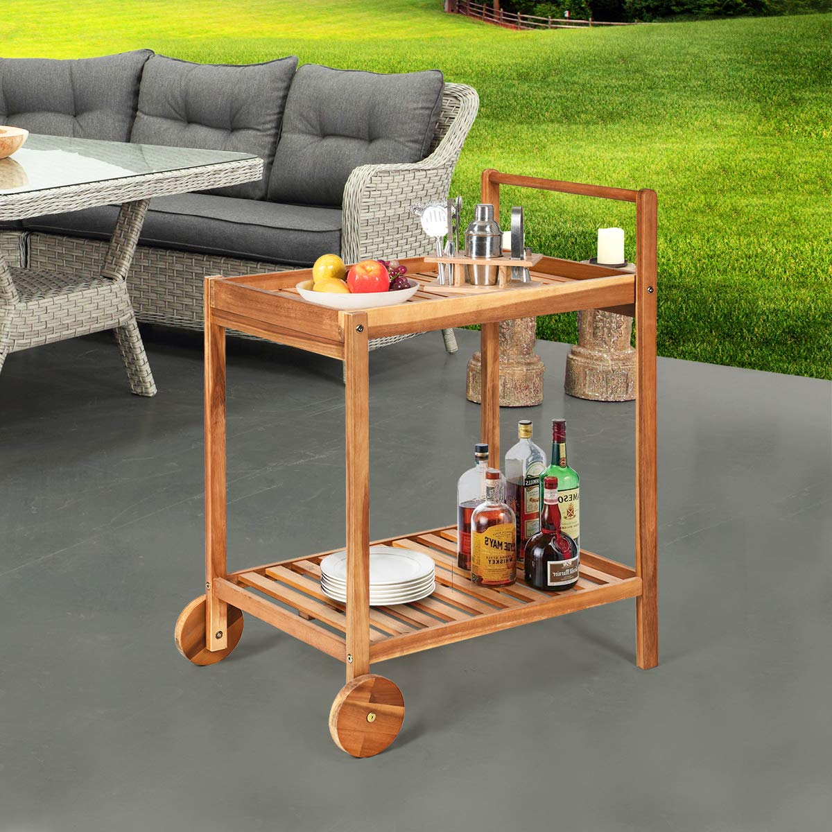 Tangkula Outdoor Acacia Wood Serving Cart, Patio Bar Cart Rolling Trolley Cart with 2 Trays, Portable Kitchen Serving Cart w/Wheels