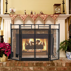 3-Panel Folding Fireplace Screen with Magnetic Hinged Doors, Mesh Cover with Wood Burning Stove Accessories, Black