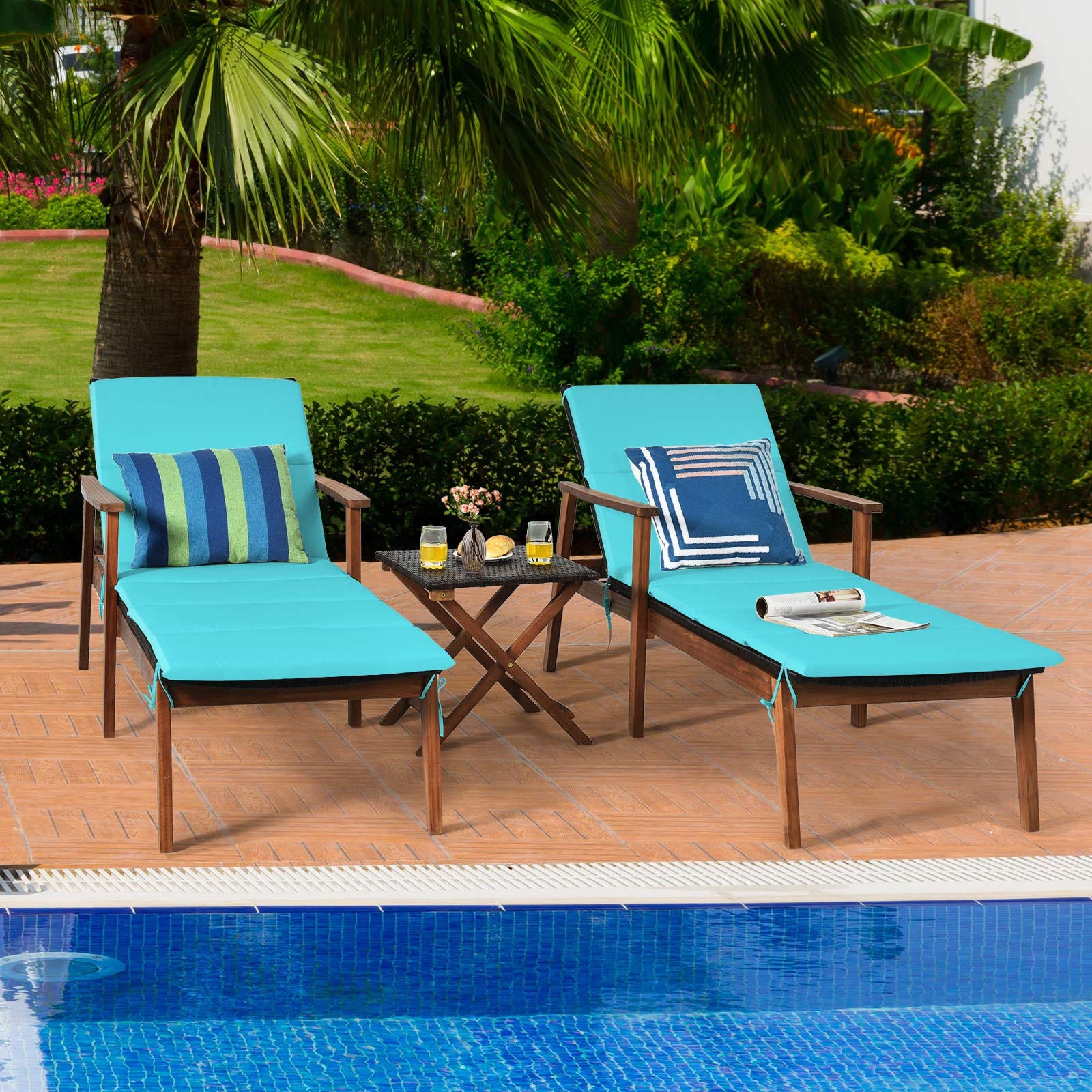 Tangkula Patio Chaise Lounge Sets, Outdoor Acacia Wood Chaise Lounger Chair