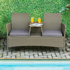 Tangkula Outdoor Rattan Loveseat, Patio 2-Person Wicker Conversation Set w/Cushion