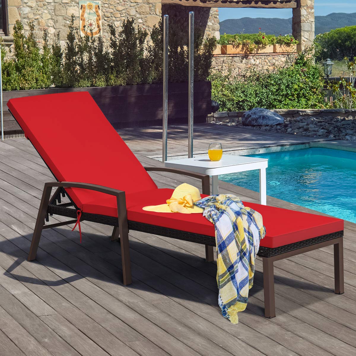 Patio Rattan Lounge Chair, Outdoor Reclining Chaise Louge with Cushion and Armrest