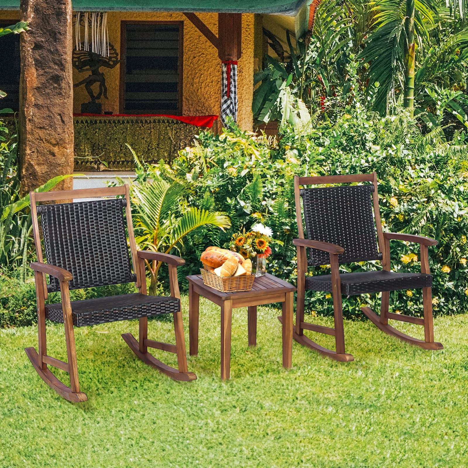 Tangkula 3 Pieces Patio Rocking Chair Set, Patiojoy Acacia Wood Rocker with Side Table, Outdoor Rocking Chairs with Wicker Rattan Seat & Backrest