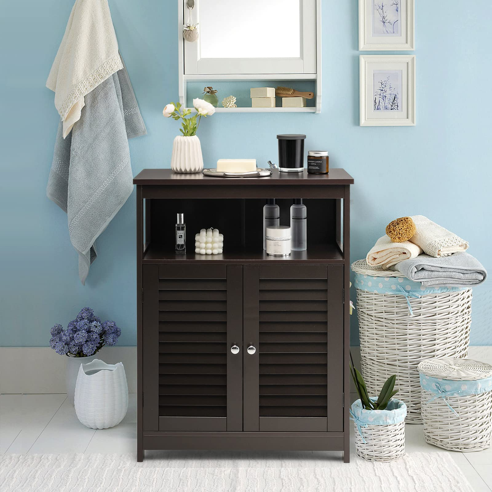 Tangkula Bathroom Floor Cabinet, Wooden Freestanding Storage Cabinet with Double Shutter Door & Adjustable Shelf