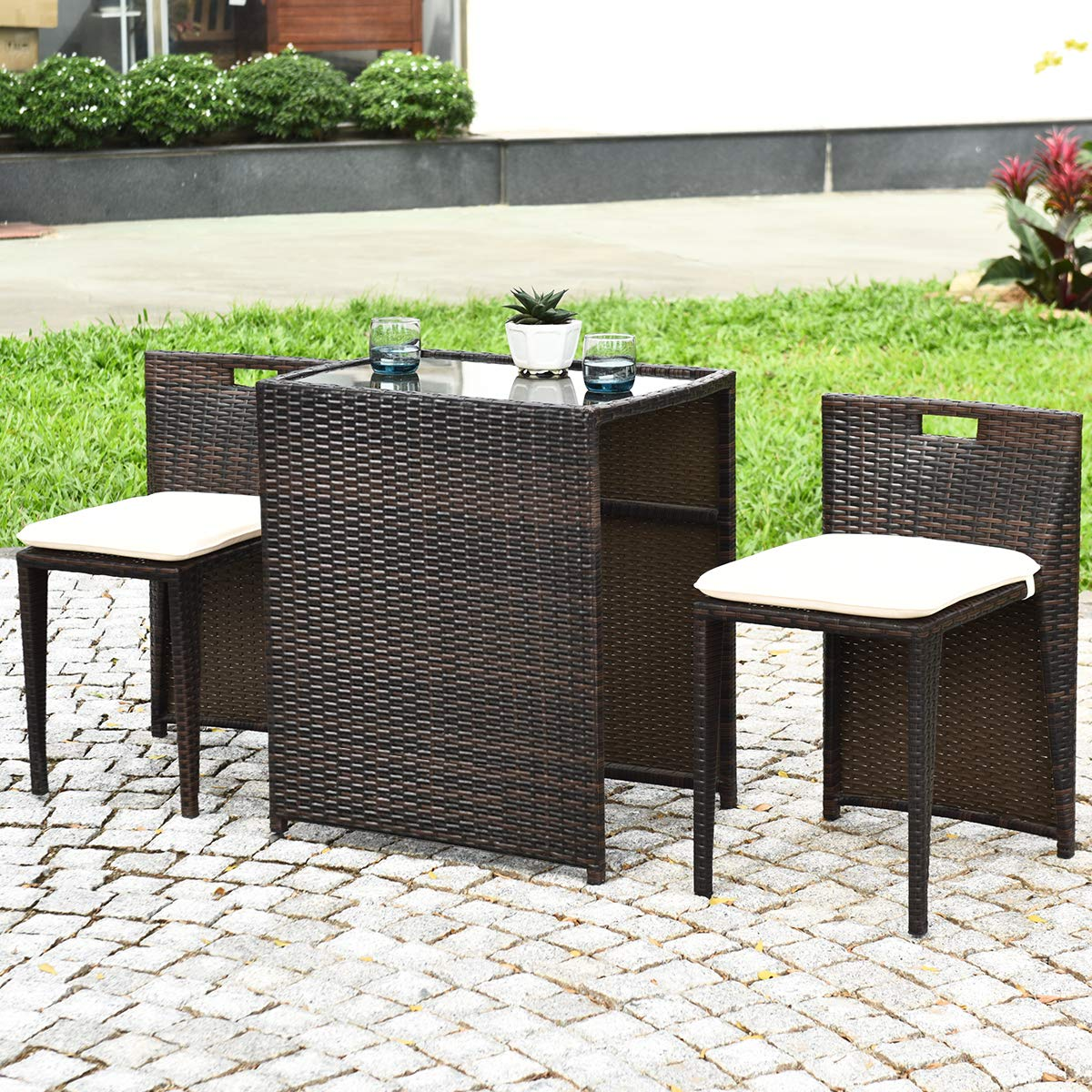 Tangkula 3 PCS Outdoor Rattan Dining Set (Brown)