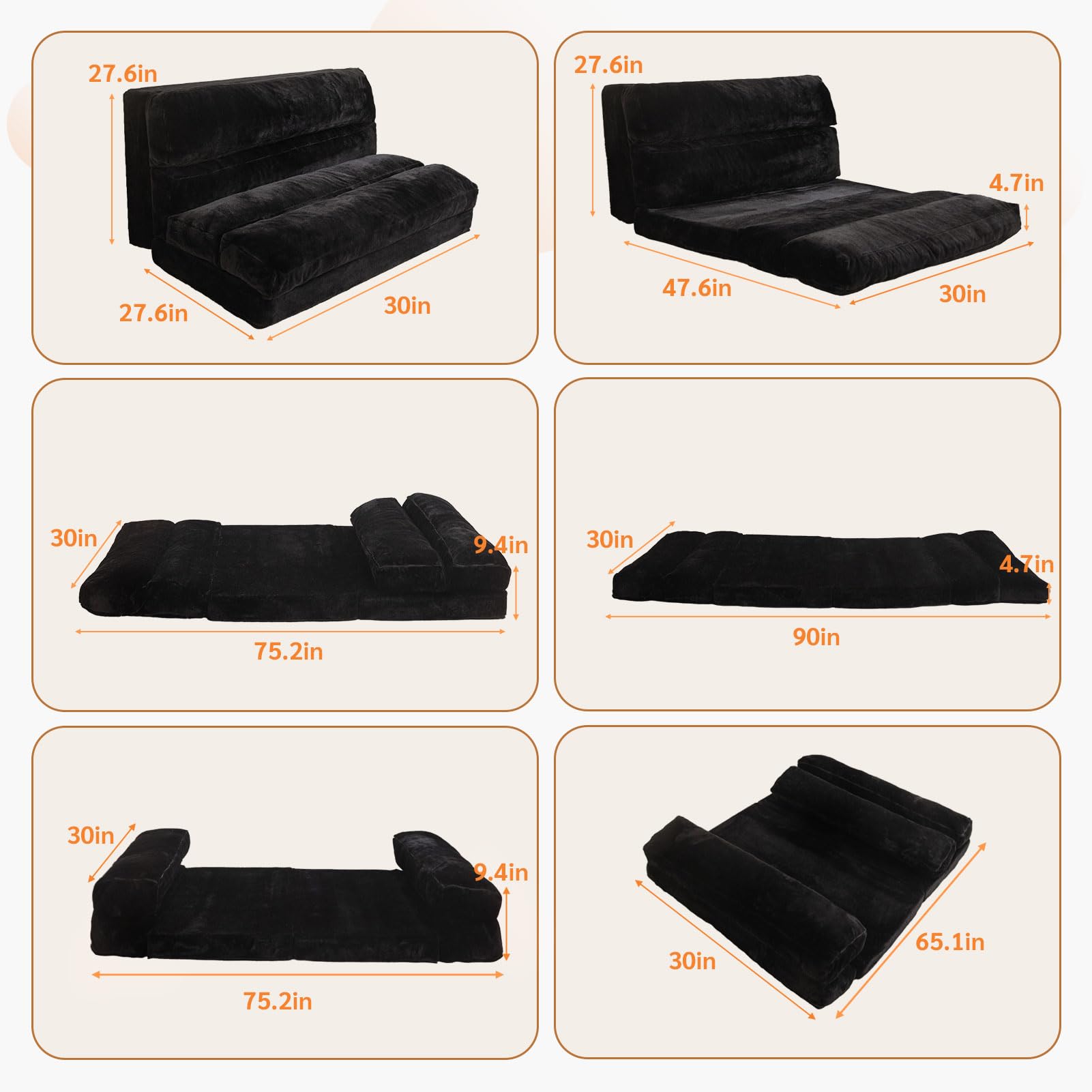 MAXYOYO Bean Bag Bed Folding Sofa Bed, Extra Wider Fold Full Floor Mattress, Black