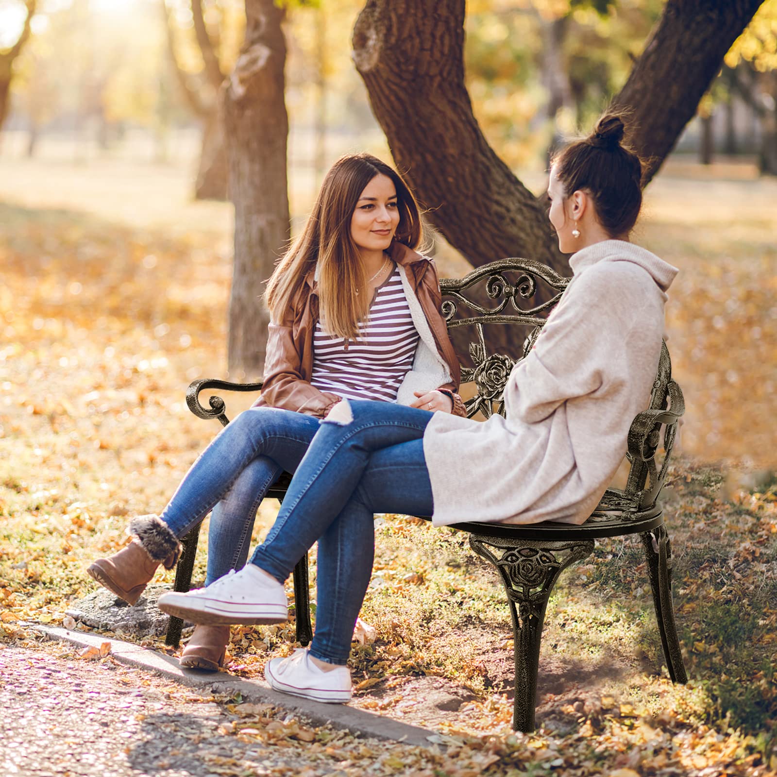 Outdoor Garden Bench Park Bench, All-Weather Patio Bench Chair with Cast Aluminum Seat & Backrest