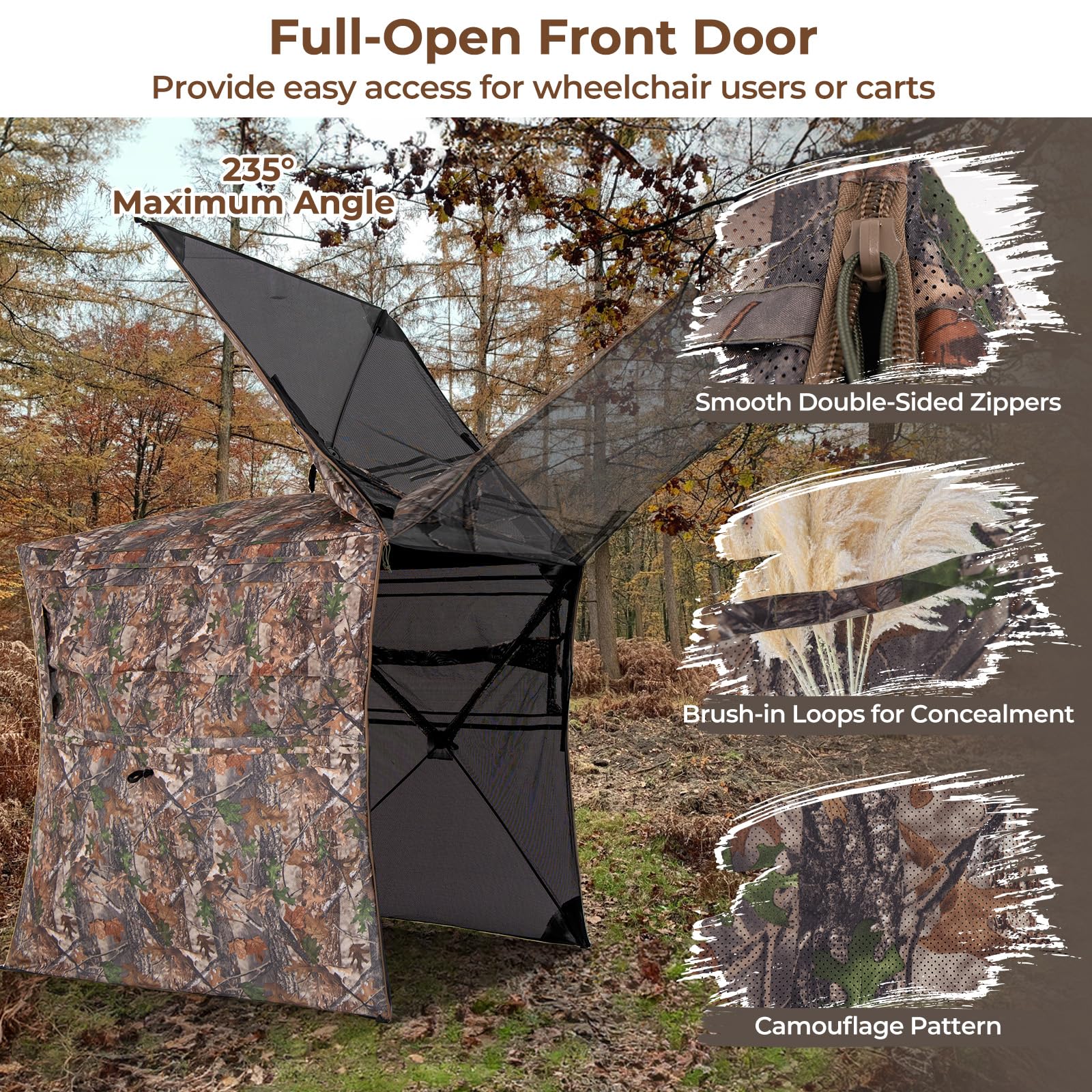 Tangkula Hunting Blind, 2-3 Person 360 Degree One-Way See-Through Ground Blind with Full-Open Door & Sliding Windows