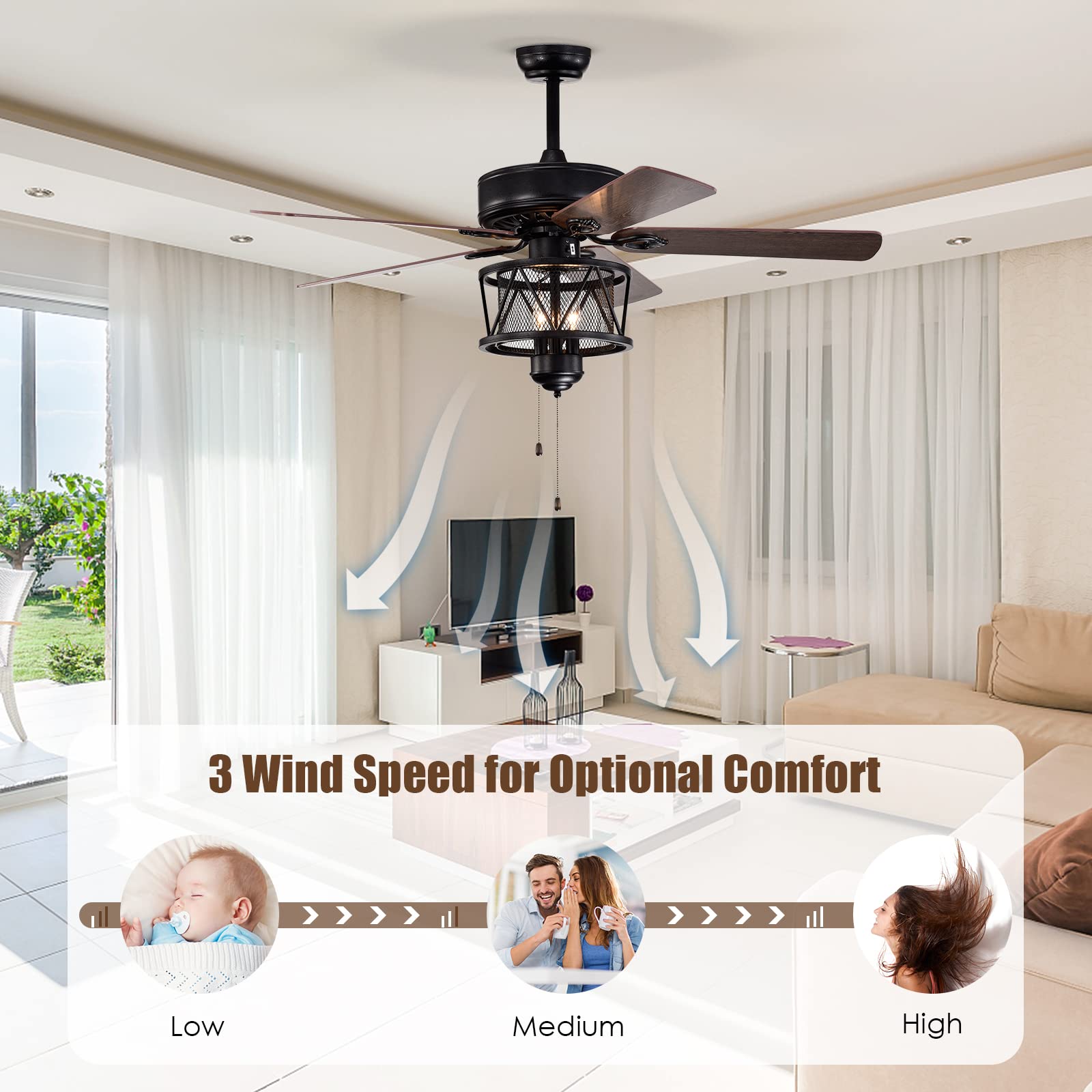 50-Inch Ceiling Fan with Lights, 3-Speed Adjustable (Coffee)