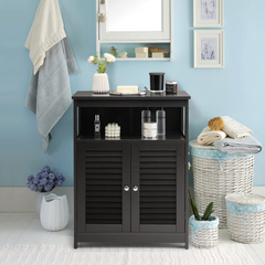 Tangkula Bathroom Floor Cabinet, Wooden Freestanding Storage Cabinet with Double Shutter Door & Adjustable Shelf