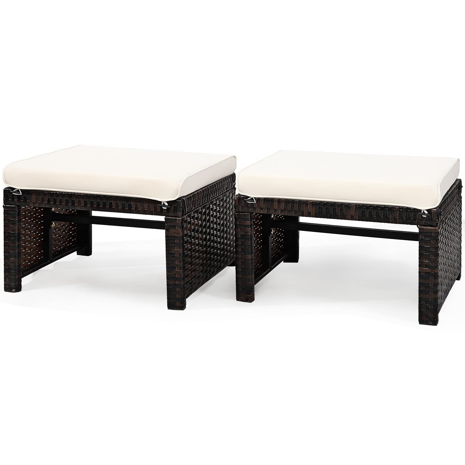 2 Pieces Patio Rattan Ottomans, All Weather Outdoor Footstool Footrest Seat with Soft Cushion