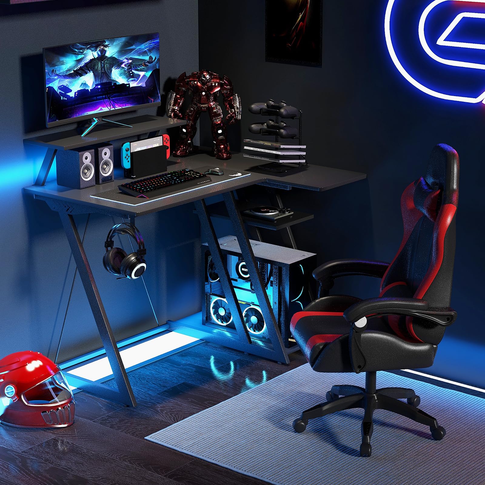 Tangkula L Shaped Gaming Desk with Power Outlets, Small Gaming Computer Desk 39inch with Storage Shelf