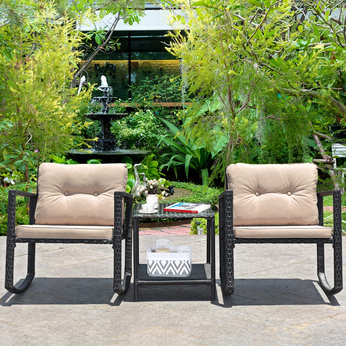 3 PCS Wicker Rocking Set, Outdoor Rocking Chairs and Table Set with Cushions