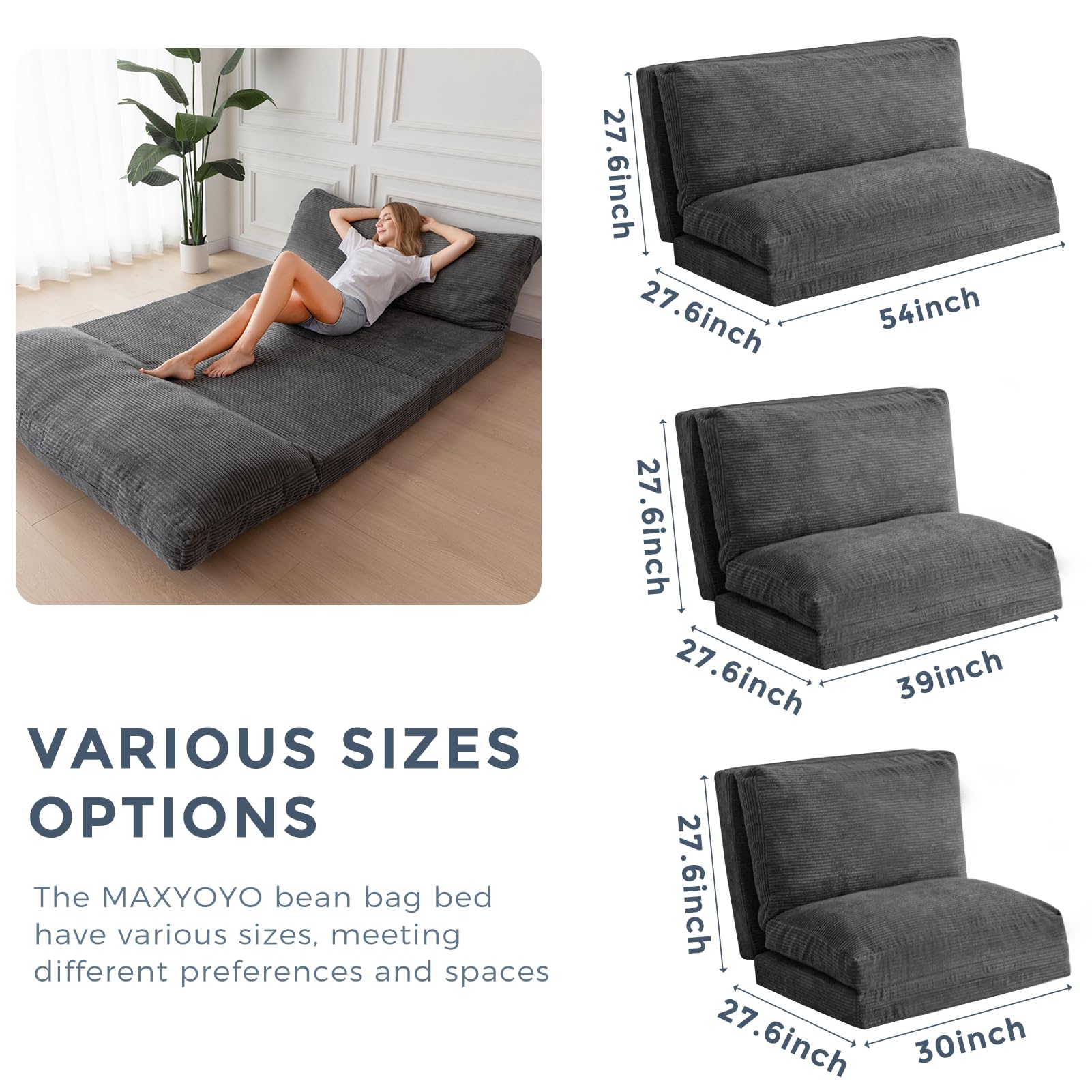 MAXYOYO Bean Bag Folding Sofa Bed with Corduroy Washable Cover, Extra Thick and Long Floor Sofa for Adults, Dark Grey