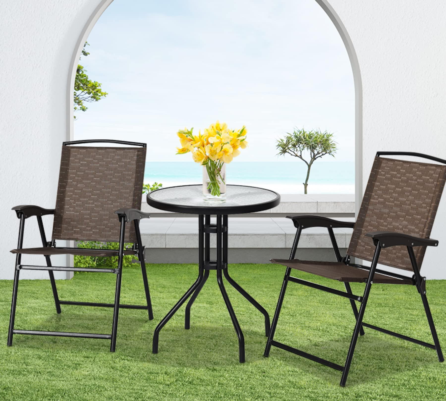 Tangkula 3 Pieces Patio Bistro Set, Outdoor Folding Chairs & Table Set