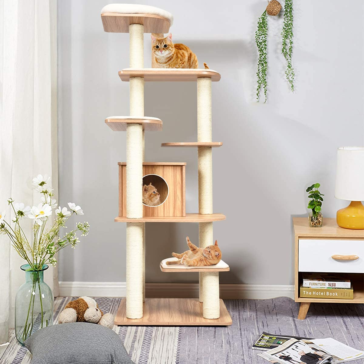 Tangkula Modern Wood Cat Tree, 69-Inch Cat Tower with Multi-Layer Platform, Cat Activity Tree with Sisal Rope Scratching Posts