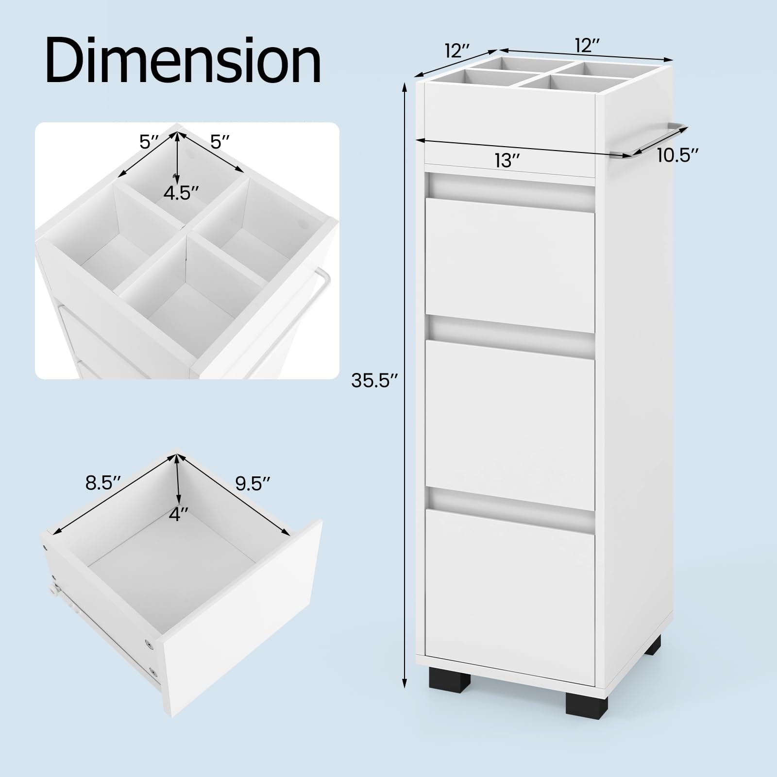 Tangkula Square Bathroom Floor Cabinet, Freestanding Storage Cabinet with 3 Drawerss, 12 x 12 x 35.5 Inch (White, 35.5" H)