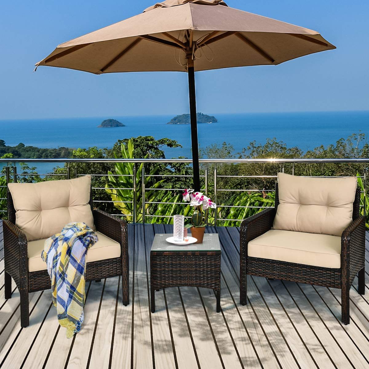 Tangkula 3 Piece Outdoor Patio Furniture Set, Wicker Chairs Set with Glass Top Coffee Table