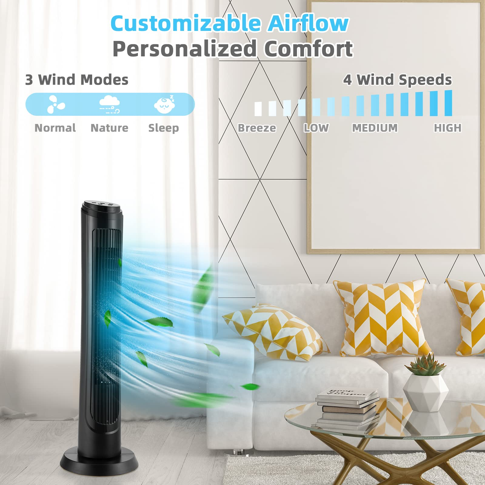 40 Inch Tower Fan with Remote, Oscillating Standing Fan with 3 Wind Modes