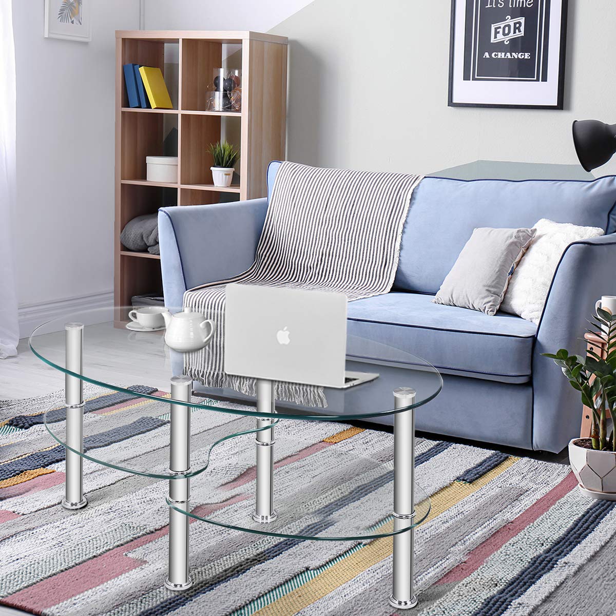 Glass Coffee Table, 2-Tier Modern Oval Smooth Glass Tea Table End Table