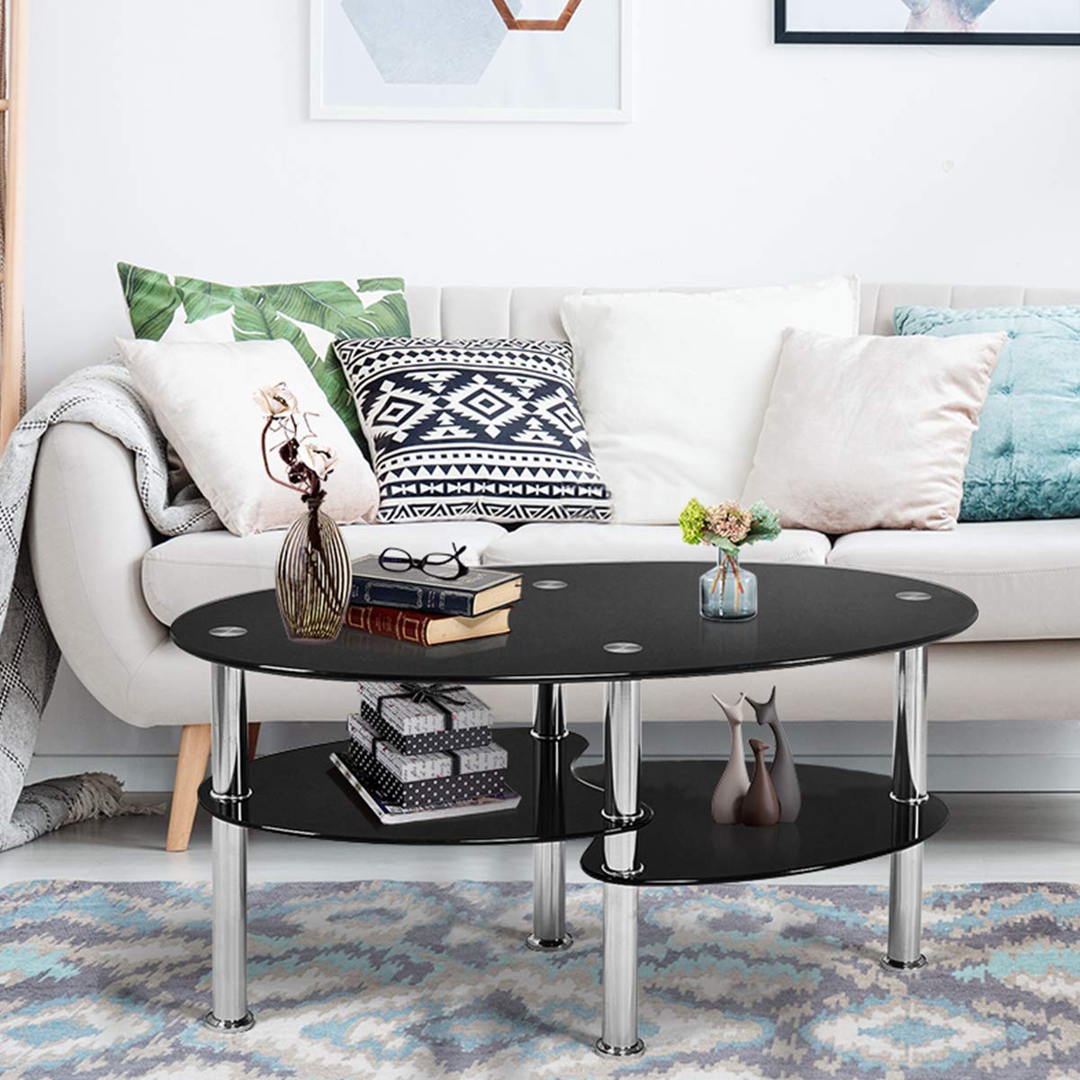 Glass Coffee Table, 2-Tier Modern Oval Smooth Glass Tea Table End Table