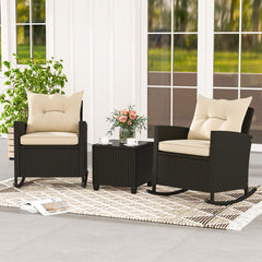 Tangkula 3 Piece Wicker Rocking Set, Patio Rattan Roker Chairs with Tempered Glass Table & Soft Cushions