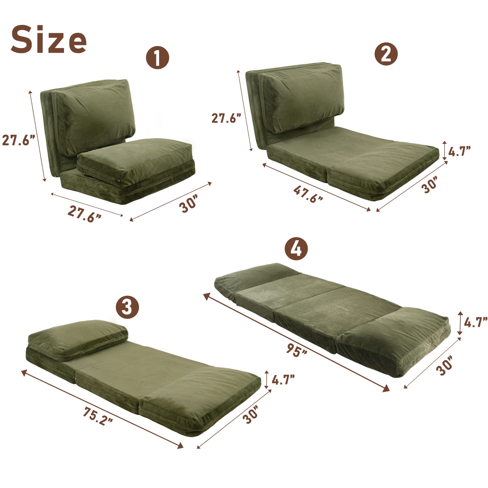 MAXYOYO Bean Bag Folding Sofa Bed, Floor Mattress Extra Thick Floor Sofa with Faux Fur Washable Cover, Green