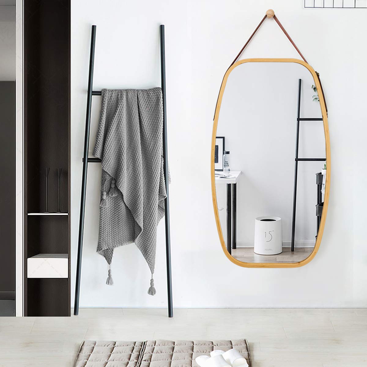 Tangkula Wall Hanging Mirror, Modern Rectangle Wall Bamboo Frame Mirror